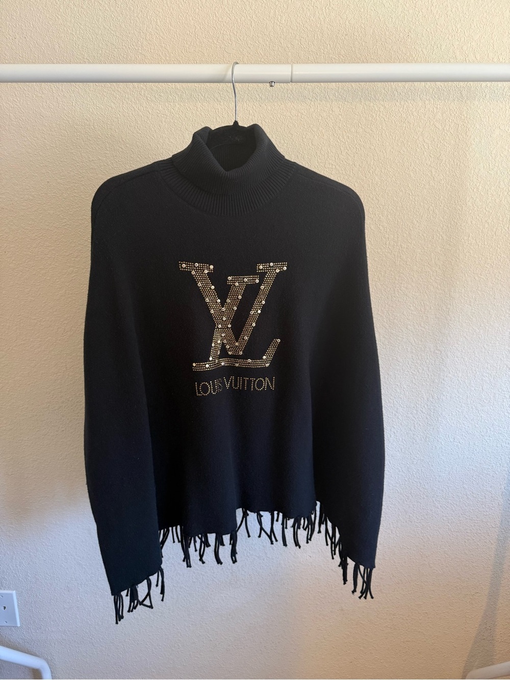 Louis Vuitton Black Turtleneck Sweater with Gold Studded Logo and Fringe Hem